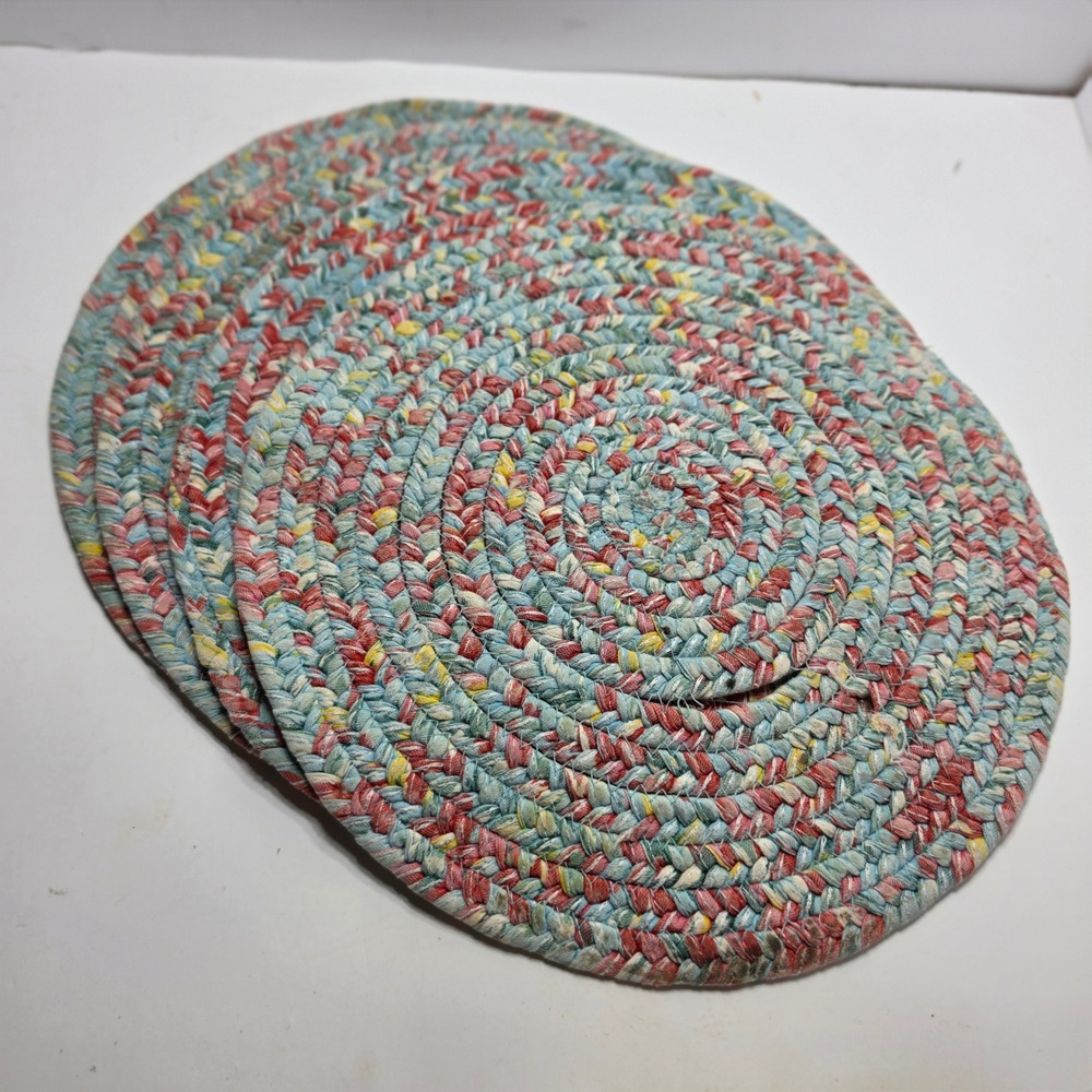 Set of 4 Braided Round Placemats Multi-Color Blue Red Yellow 15 Inch Farmhouse